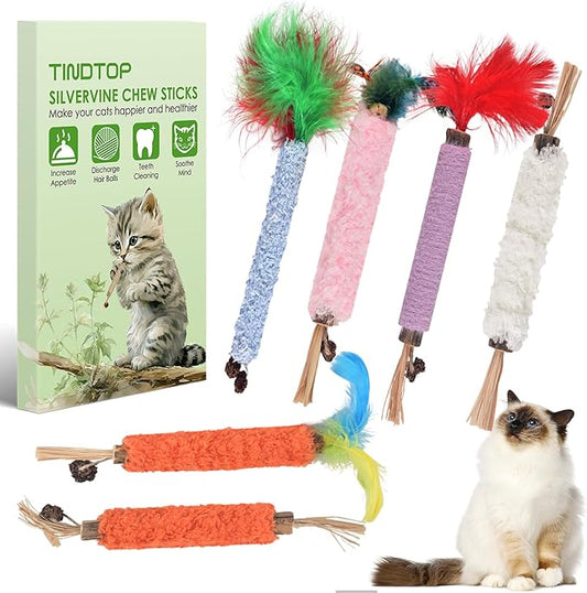 TINDTOP Cat Chew Toys, 6 Pack Silvervine Chew Sticks for Kittens Teeth Cleaning, Matatabi Dental Care, Increase Appetite, Aggressive Chewers Cat Dental Toy