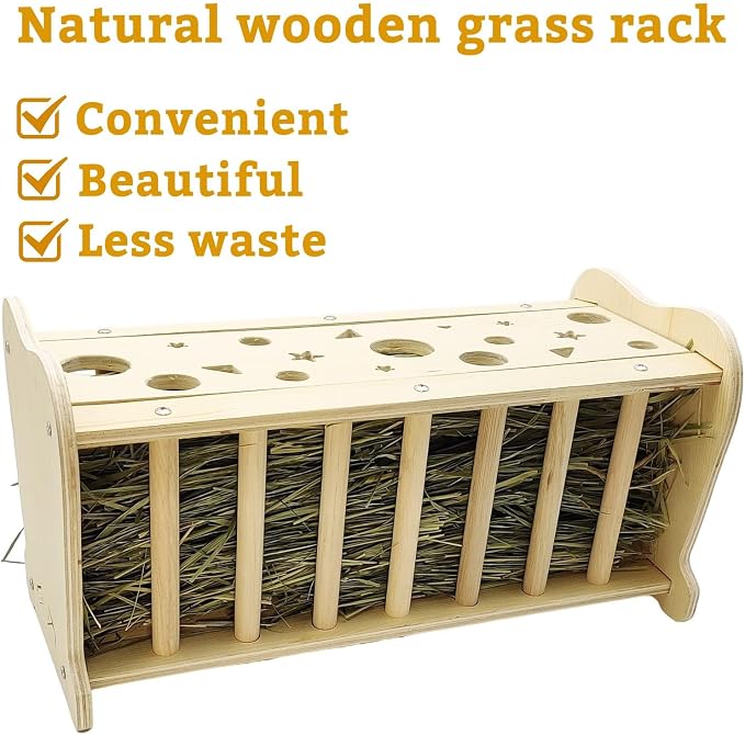 Hamiledyi Wooden Small Animal Hay Feeder - Rabbit, Guinea Pig, Chinchilla Cage Accessory, Hay Saver Rack & Dispenser for Small Pets