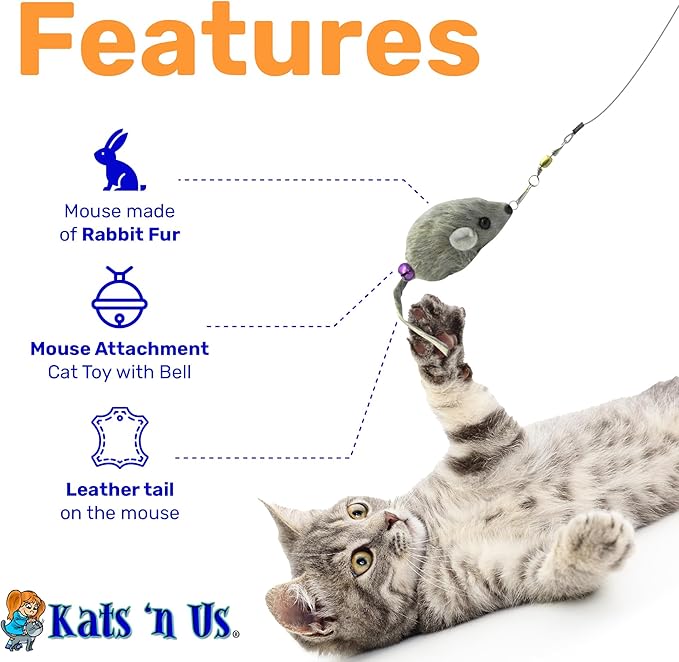 Kats’N US 2 Inch Real Rabbit Fur Handmade Mouse Cat Toy with 19 Inch White Wand - Gray Teaser with Bell, Durable Fiberglass Wand & Line, Hunting Instinct Interactive Exercise Attachment Set for Cats