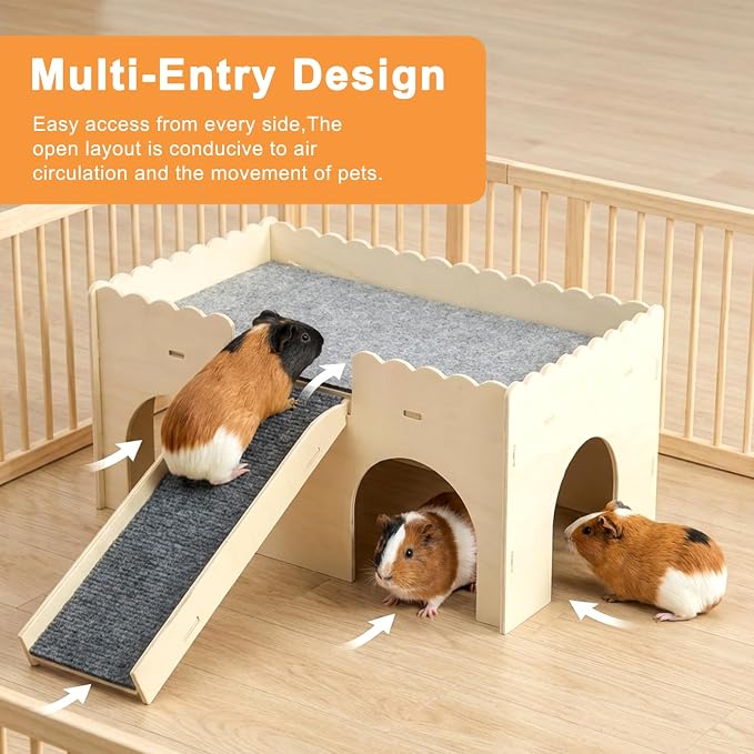 Wooden Guinea Pig Castle, Upgraded Guinea Pig Hideout, Small Pet House with Ramp & 4 Openings, Easy to Assemble for Guinea Pigs, Hamsters, Gerbils & Chinchillas
