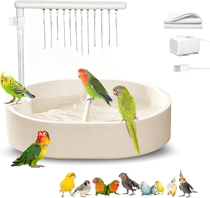 Parrot Bathtub Bird Automatic Bath Shower,Large Bird Shower Fountain Indoor Bathtub with Running Water, Contains USB and Pump,for Pet Birds, African Grey, Cockatiel, Conure, Budgie, Lovebird(Beige)