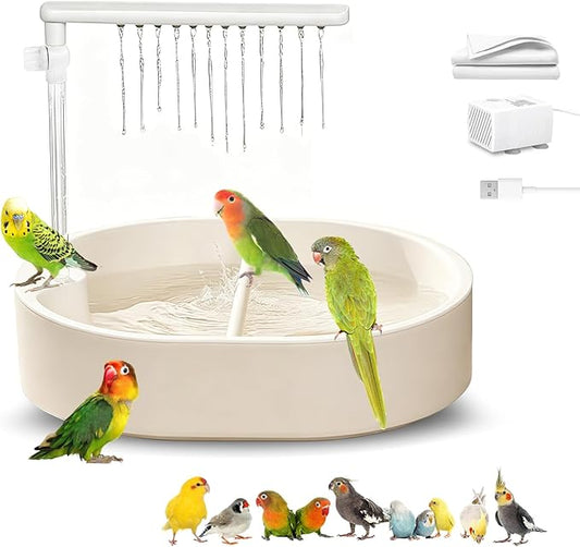 Parrot Bathtub Bird Automatic Bath Shower,Large Bird Shower Fountain Indoor Bathtub with Running Water, Contains USB and Pump,for Pet Birds, African Grey, Cockatiel, Conure, Budgie, Lovebird(Beige)
