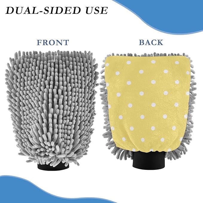 Car Wash Mitt Microfiber Wash Mitts for Car Washing Scratch-Free Cleaning Gloves Soft Non Absorbent Chenille Auto Hand Mitt Medium 2Pack Polka Dots Yellow
