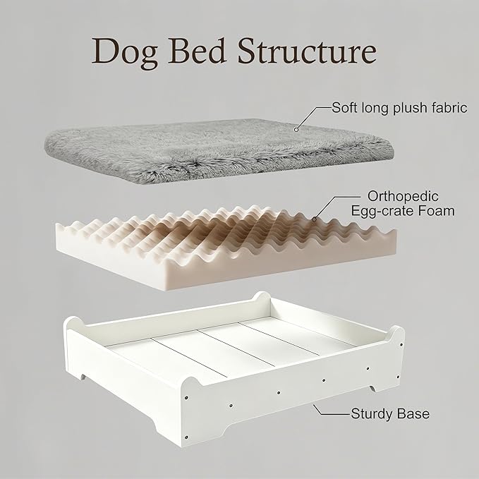 Elevated Dog Bed 37⅜" × 28⅜"×7⅝”, Raised Wooden Dog Bed Frame and Mattress for Large Pets up to 80lbs