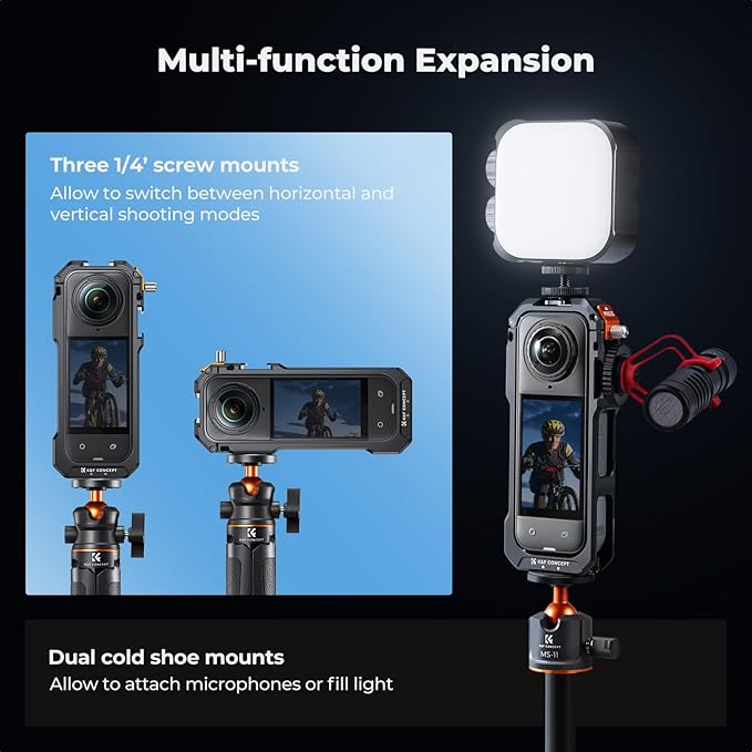 K&F CONCEPT Camera Cage for Insta360 X5, Aluminum Alloy Protective Case with Silicone Lens Cover, Frame with 2 Cold Shoe Mounts for Microphone and Led Video Light, Built-in 1/4" Screw Hole