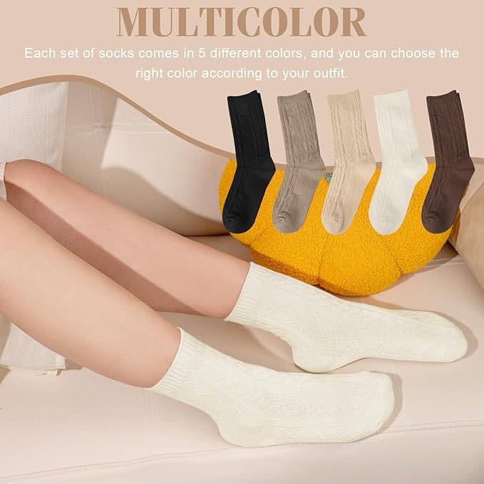 Justay 5 Pairs Womens Wool Socks Thick Warm Winter Socks Casual Cozy Socks Vintage Knit Crew Socks Gift for Women
