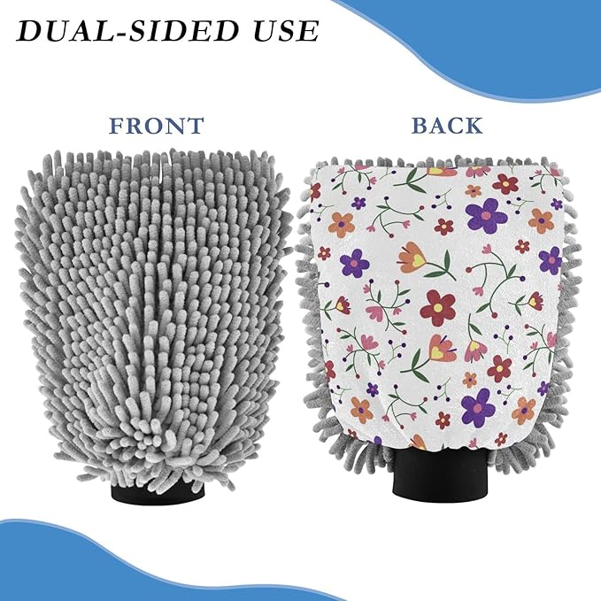 Car Wash Mitt Microfiber Wash Mitts for Car Washing Scratch-Free Cleaning Gloves Soft Non Absorbent Chenille Auto Hand Mitt Large 2Pack Wildflower
