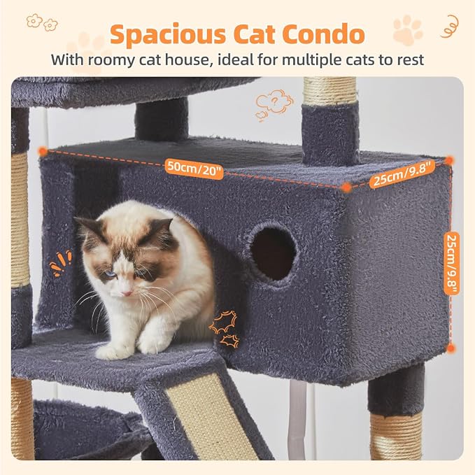 Taoqimiao Cat Tree 57.5-Inch, Cat Tower for Indoor Cats Large Adult, Extra Large Cat Condo, 8 Sisal Scratching Posts, Metal Frame Cozy Hammock, Durable Scratch Board, 2 Top Perches, Smoky Gray MS026G