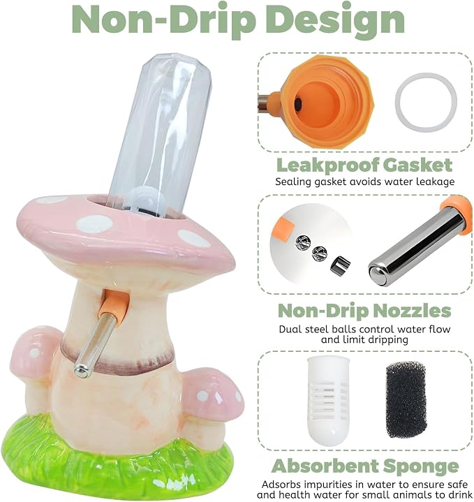 PINVNBY Hamster Water Bottle No Drip Ceramic Automatic Gerbil Water Bottle 80ML Water Dispenser with Mushroom Stand Holder for Gerbils Syrian Hamsters Dwarf Hamsters Mice (Pink)