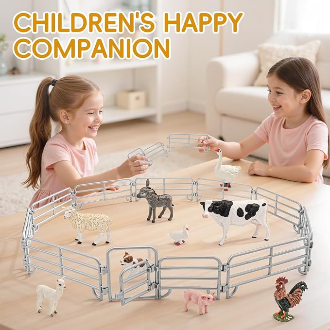 20PCS Large Farm Animal Corral Fence Toys with 2 Gates Fences for Kids Boys Girls, Educational Farm Animal Cake Toppers for Toddlers Children.