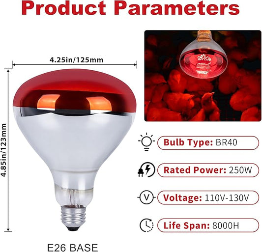 250 Watt Red Heat Lamp Bulbs, Chicken Infrared Incandescent Light Bulb, Brooder Heat Lamps for Chickens, Chicks, Reptile, Pets, Coop, Poultry, Food, Bathroom, Ceiling, E26 Base - 2 Pack