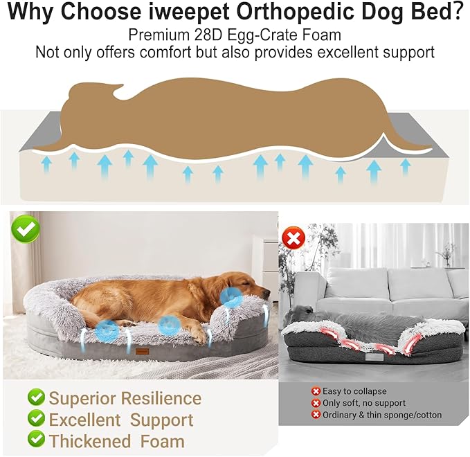 iweepet 3.7 inch Thickened Orthopedic Dog Beds for Jumbo Dogs, Curved Bolster Support Dog Couch with Removable & Washable Fluffy Cover, Orthopedic Oval Memory Foam, Non Slip Bottom,Grey