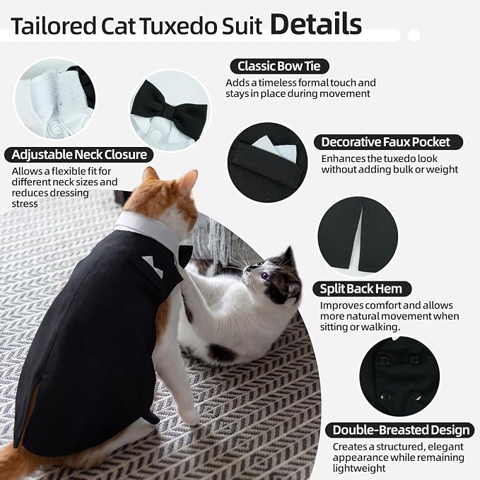 QBLEEV Cat Tuxedo Outfit with Bow Tie, Sphynx Cat Costume Formal Suit Wear | Soft breathable, stylish hairless clothes for cats only, kitten wedding birthday party shirt apparel for male boy