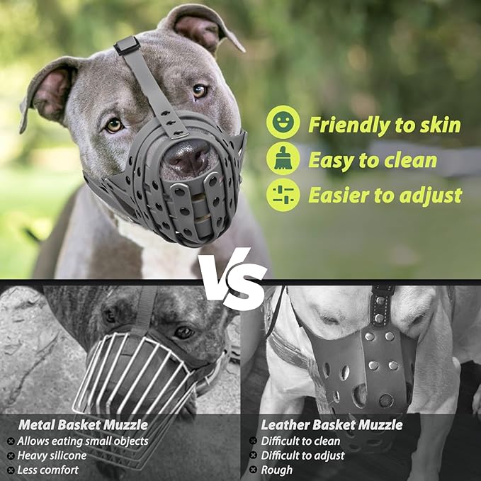 Mayerzon Pitbull Muzzle, Lightweight Basket Muzzle for Large Medium Dogs Rottweiler Amstaff to Prevent Biting Eating, Safe for Grooming Vet Visits Training, Allows to Pant Drink, Adjustable & Sturdy
