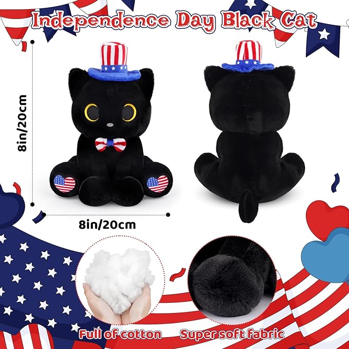 Black Cat Plush with USA Hat & Bow Tie - 8" Cute Stuffed Animal for 4th of July, Memorial Day Decorations & Kawaii Plushie Gifts for Kids Adults