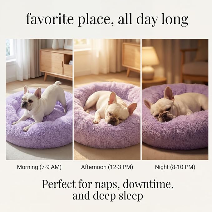 Calming Dog Bed for Medium Dogs Washable Donut 30 inches Anti-Slip Pet Bed,Round Fluffy Plush Faux Fur Cat Bed,Fits up to 45 lbs Pets,Purple