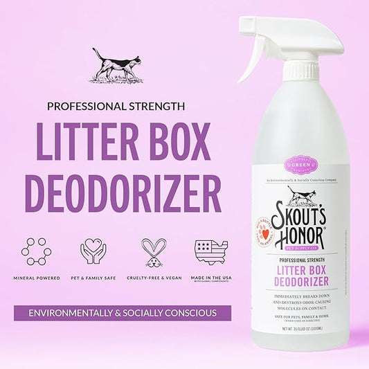 SKOUT'S HONOR Cat Litter Box Deodorizer Spray - Professional Strength, Instantly Breaks Down and Destroys Offensive Odors, Effectively Neutralizes Feline Pheromones, Eco-Friendly, Cruelty-Free, 35 oz