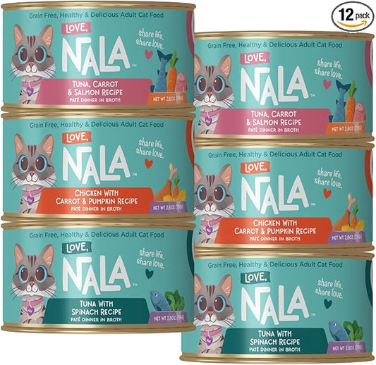 LOVE, NALA - Natural Adult Cat Wet Food - Pate Variety Pack - Tuna, Chicken, Tuna and Salmon - Grain Free, Non-GMO, Fiber Blend, Minerals, Vitamins - 12 Pack 2.1 lbs.