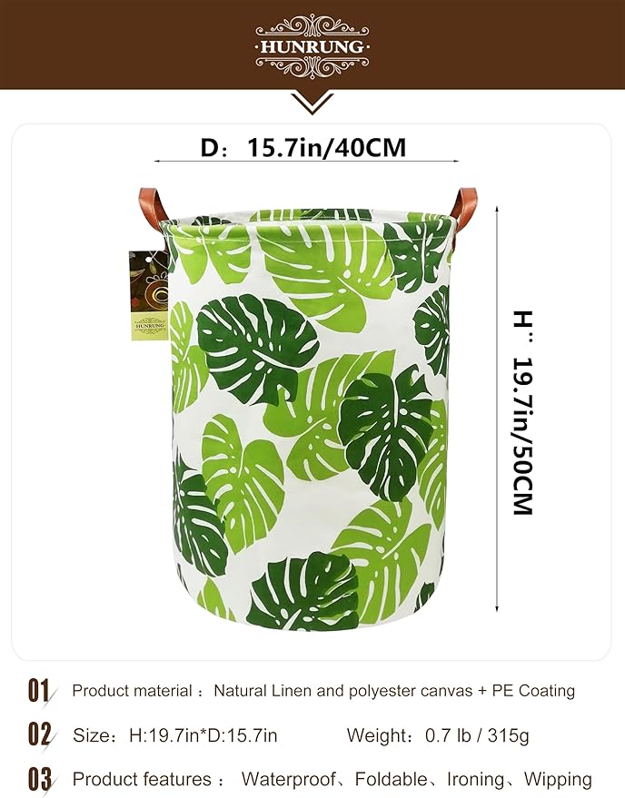 Collapsible Fabric Storage Basket, Waterproof Laundry Hamper with Handles, Round Storage Bin for Clothes Toys, Foldable Organizer for Bedroom Nursery Bathroom(Round Leaf)