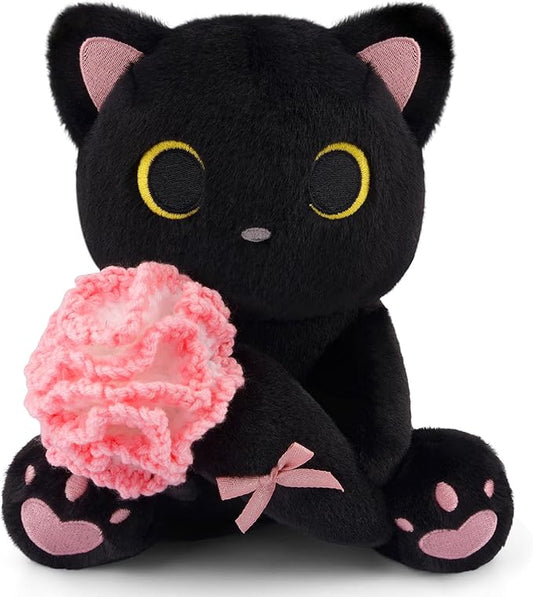 Black Cat Plush Holding Crochet Flower - 8" Kawaii Stuffed Cat with Handmade Pink Carnation, Soft Cute Plush Toy for Mom, Mother's Day & Birthday Gift, Stuffed Animals for Girls