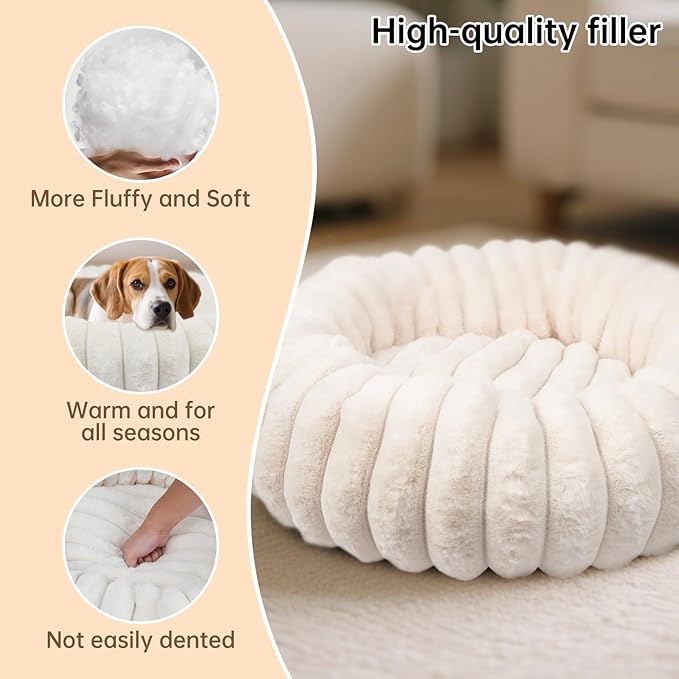 Donut Dog and Cat Bed, Luxurious Comfortable Faux Rabbit Fur Pet Beds, Round Anti-Anxiety Calming Puppy Kitten Bed with Anti-Slip Bottom for Small Medium Dogs & Cats(31", Brown)