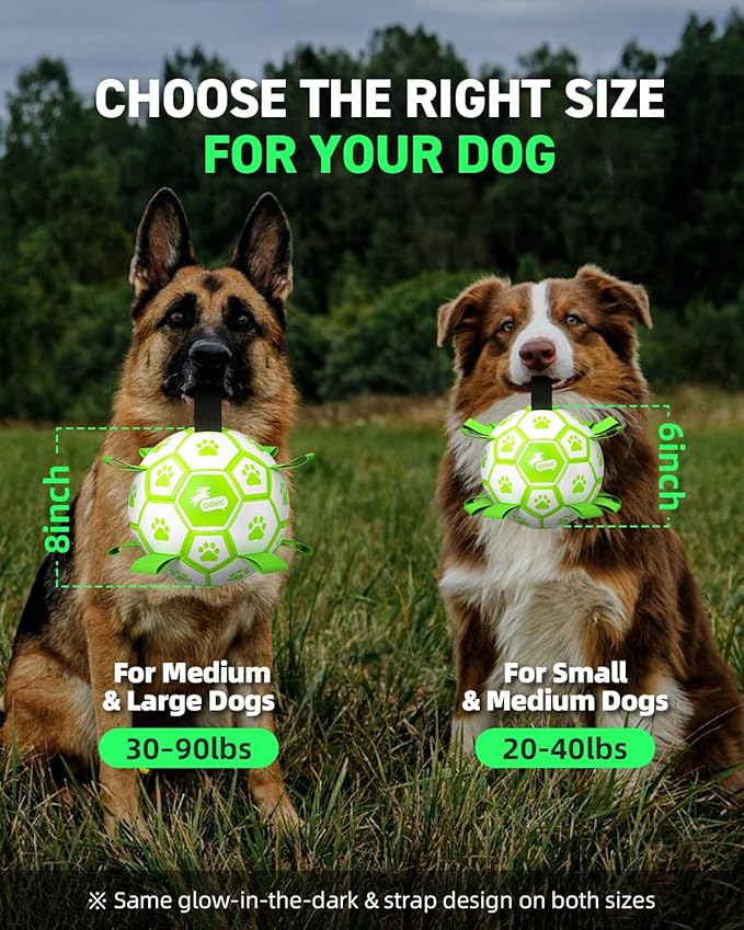 QDAN Glow in the Dark Dog Ball with Straps, No Charge Fetch & Tug Toy, 6 Inch Soccer Ball for Small & Medium Dogs, Great Birthday Gift for Pets