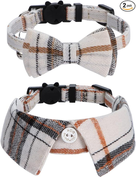 Faleela 2 Pack/Set Cat Collar with Cute Bow Tie and Bell,Breakaway Plaid Shirt Collar for Kitty Adjustable Safety