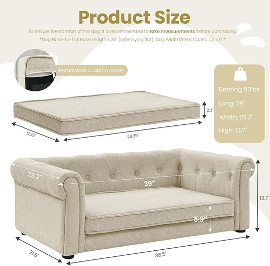 Dog Sofa Couch for Medium Dogs, 39" Memory Foam Pet Couch with Washable Fabric Removable Cushion, Sofa Bed for Medium Dogs, Beige Grey
