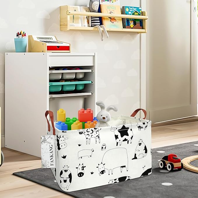 Storage Basket,Nursery Hamper Canvas Laundry Basket Foldable with Waterproof PE Coating Storage, Office, Bedroom, Clothes,Toys(L, Rec-cows)