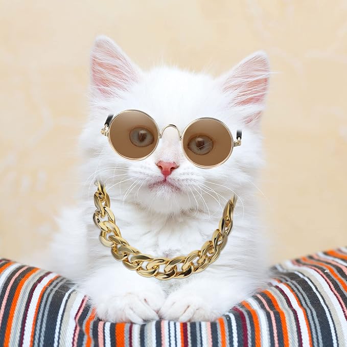 Weewooday 7 Pcs Dog Sunglasses Cats Sunglasses with 2 Gold Chain Retro Round Metal Glasses Funny Cute Cosplay Costume for Small Pet(Fresh Colors,Delicate Style)