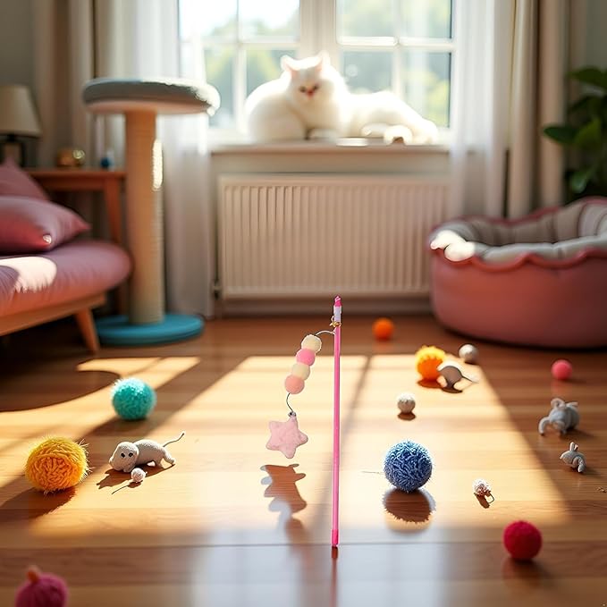 Pink Cat Stick Toy, Teaser Wand Toys, Interactive Toys, Elastic Rope Plush Ball Star Pendant Bite Comfortable Grip, Indoor and Kitten Wand Cat Mice and Animals