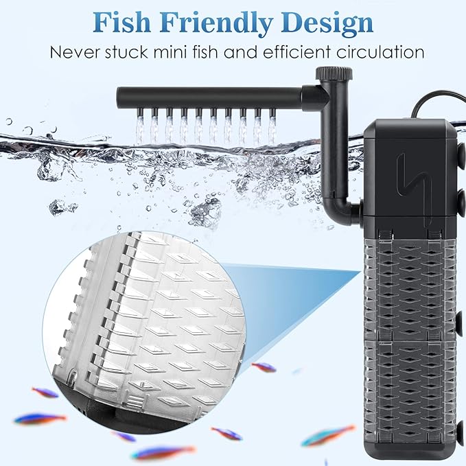 AQQA Aquarium Filter, Submersible Power Fish Tank Filter with Rainwater Aerator System Adjustable Water Flow Design, Ultra Silent Biochemical Sponge Filtration Up to Fish Tank 70 Gallon (9W-211GPH)