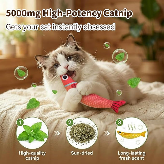 Cat Toys with 5000mg A+Natural Catnip & Bell, Interactive Soft Chew Kicker Cat Toys for Indoor Cats & Kittens, [Crinkle &Bell] Fish Sound Toy, 2 Pack Fish Cat Toys Red Green