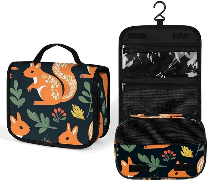 Toiletry Bag Travel Bags with Hanging Hook Hanging Multifunctional Makeup Bags Floral Squirrels Portable Cosmetic Bag