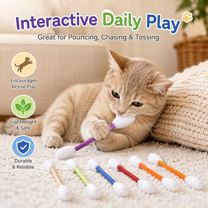 Cat Q Tip Toy with Catnip Cotton Swabs Qtip Cat Toy Pack Catnip Toys for Indoor Cats Giant Qtip Cat Toy Chew Sticks, Durable Felt Interactive