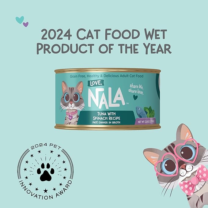 LOVE, NALA - Natural Adult Cat Wet Food - Tuna Pate with Spinach Recipe - 2.8 oz, Pack of 24 Cans - Grain-Free, Non-GMO, No Gums, No Carrageenan