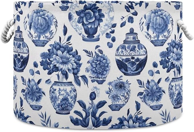 Blue White Floral Print Round Storage Basket Chinoiserie Vase Flower Large Laundry Hamper 20 x 20 x 14 Inches Organizer Bin with Handles Clothes Storage Bag for Nursery Bedroom Living Room Decor