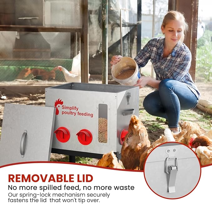 Hiqufet 55 lb Large Automatic Chicken Feeder with Window, 7 No-Waste Ports – Outdoor Metal Chicken Feeders with Adjustable Stand, Rodent-Resistant Design & Riveted Handles for Chicken, Ducks & Poultry