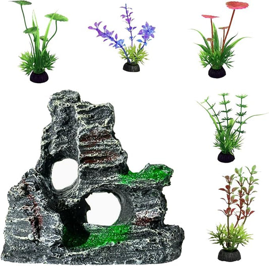 6-Piece Aquarium Plant Set with 5 Green Artificial Plants and Resin Cave Decorations for Betta Fish, Goldfish, and Shrimp for Breeding, Playing, and Resting