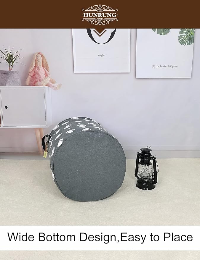 Collapsible Fabric Storage Basket, Waterproof Laundry Hamper with Handles, Round Storage Bin for Clothes Toys, Foldable Organizer for Bedroom Nursery Bathroom(Round-Grey Baseball)