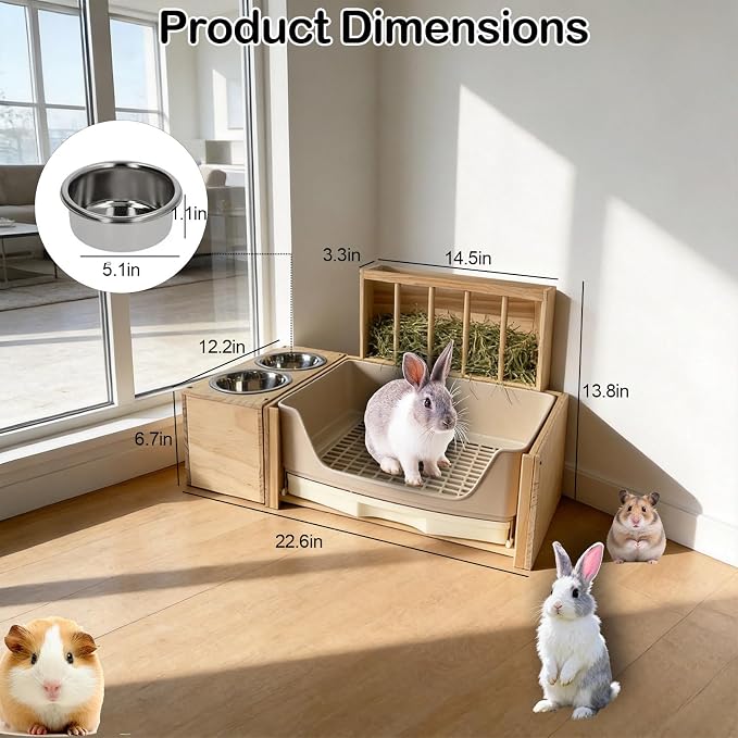 3-in-1 Large Rabbit Hay Feeder with Drawer Litter Box, Sturdy Solid Wood Bunny Feeding Station with Hay Rack for Rabbits, Guinea Pigs, Chinchillas, Ferrets and Small Animals