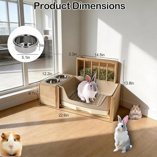 3-in-1 Large Rabbit Hay Feeder with Drawer Litter Box, Sturdy Solid Wood Bunny Feeding Station with Hay Rack for Rabbits, Guinea Pigs, Chinchillas, Ferrets and Small Animals