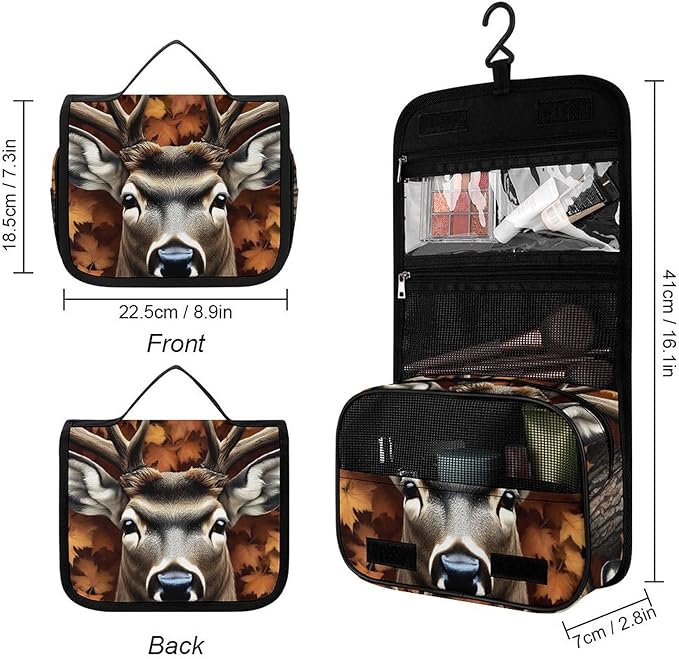 Toiletry Bag Travel Bag with Hanging Hook (Fall Maple Leaves Hunting Camo Tree Deer)