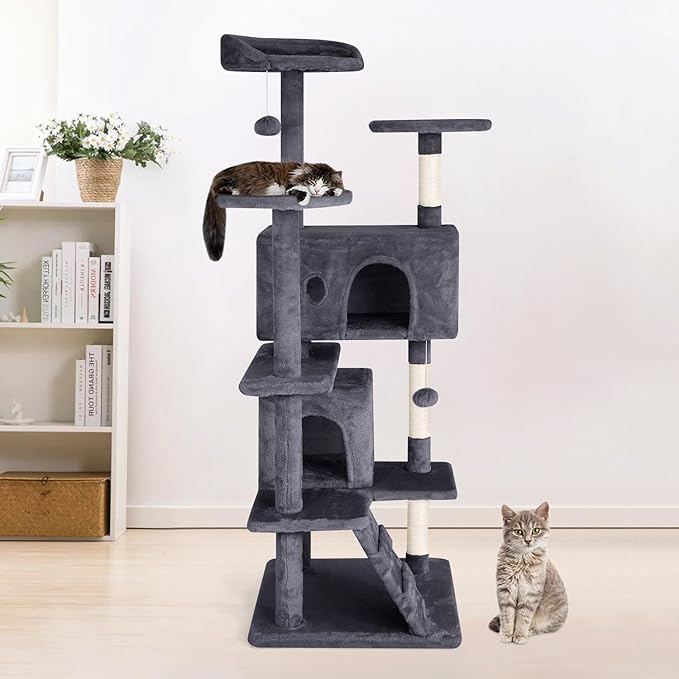 PayLessHere Cat Tree 54in Cat Tower with Cat Scratching Post,Multi-Level Cat Condo Stand House Furniture Kitty Activity Center with Furry Ball Toys Cat Tree for Indoor Cats (54in, Ashy)