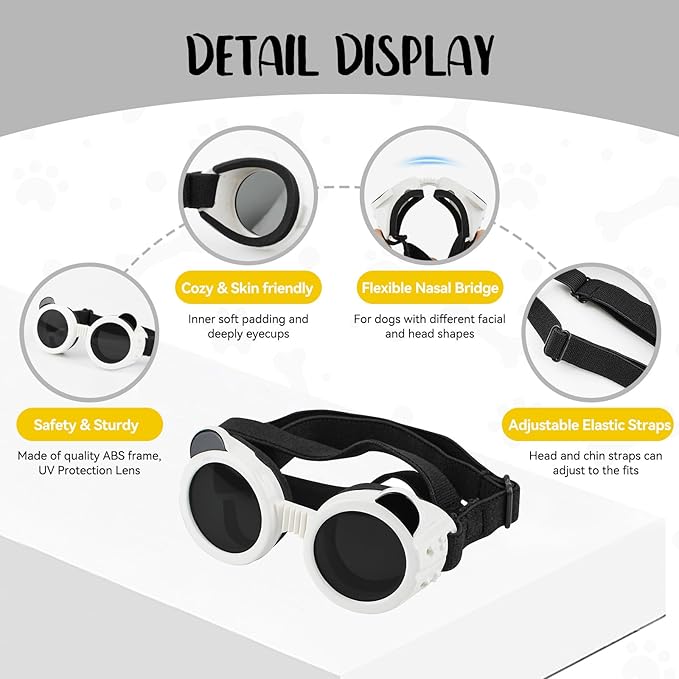 Extra Small Dog Goggles and XSmall Dog Helmet, 2Pcs Anti-UV Doggy Sunglasses Cat Motorcycle Protecetive Helmet Set, Chihuahua Safety Hard Hat Outdoor Head & Eyes Protection, White XS