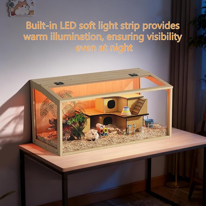 Hamster Cage: Wooden Small Animal Cage with Warm Light - 32Inch Large Clear Hamster House Chewy Proof with Openable Breathable Top