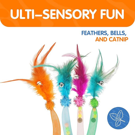 Cat Feather Toy 4 Pack – Interactive Bell & Pom-Pom Snake Stick for Indoor Play, Exercise, and Hunting Fun for Cats