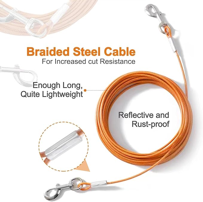 Tie Out Cable for Dogs,10/20/30/50/100FT Dog Leads for Yard Chew Proof,Heavy Duty Tie Out Cable for Large Dogs Up to 125lbs,Dog Runner Tether (Orange, 125Ibs 30ft)