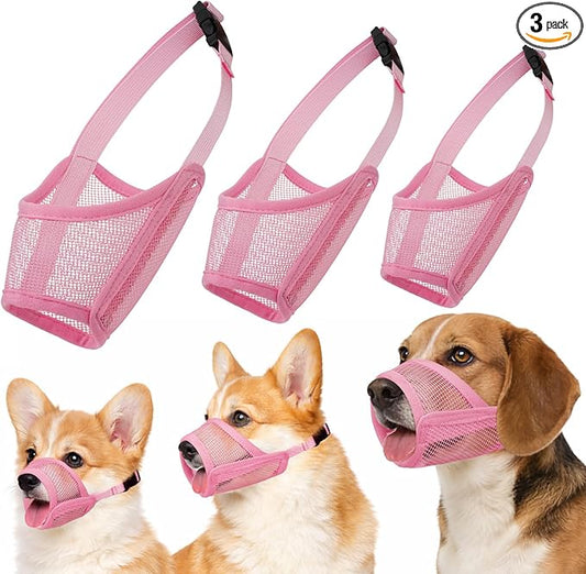 Dog Muzzle Suits for Small Medium Large Dogs, Mesh Muzzle Anti Biting Chewing, Breathable Mouth Cover Set with Adjustable Strap for Grooming Vet Visiting Training (3 PCS(S-L), Pink)