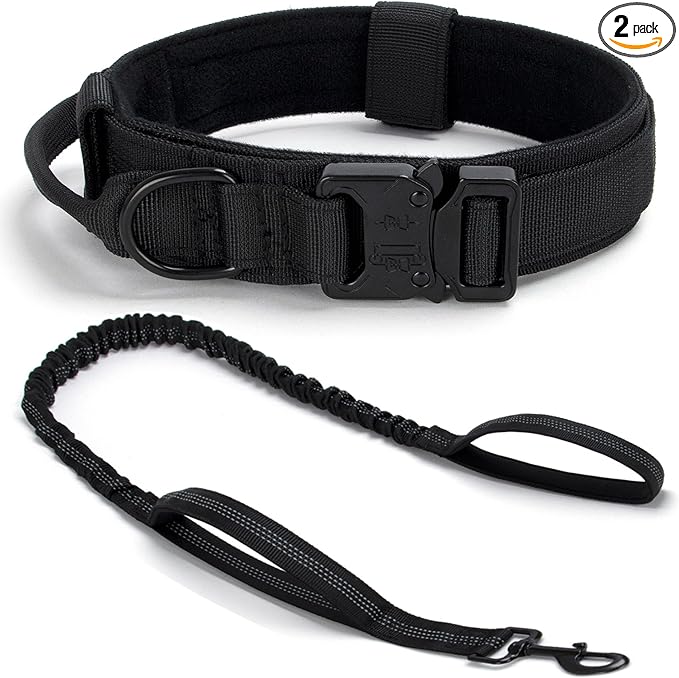 Tactical Dog Collar Set, Adjustable Military Training Nylon Dog Collar with Control Handle and Heavy Quick-Release Metal Buckle for Small Medium Large Dogs, Black Set XL